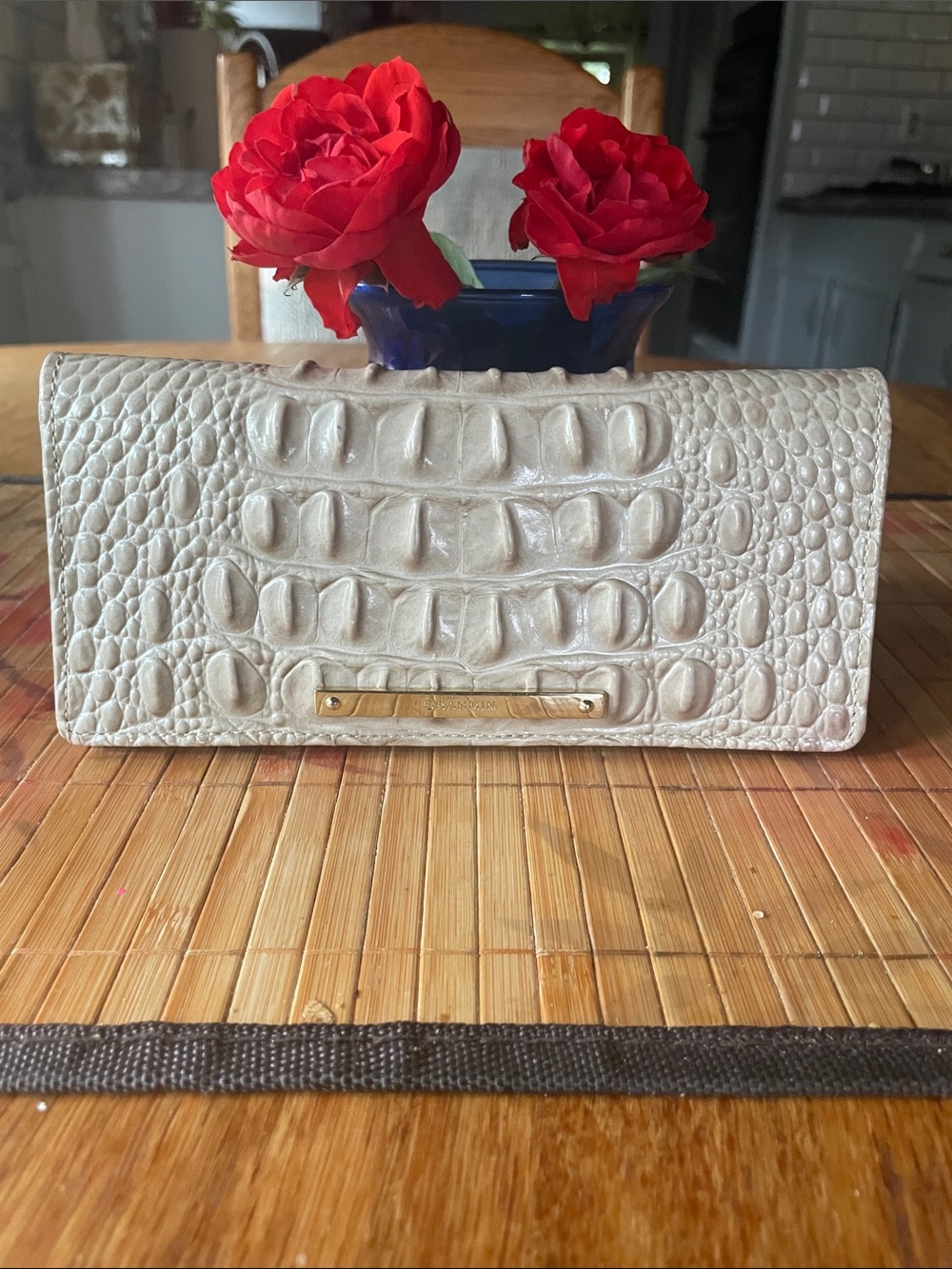 Brahmin Ivory Croc-Embossed Leather Wallet with Gold Accent